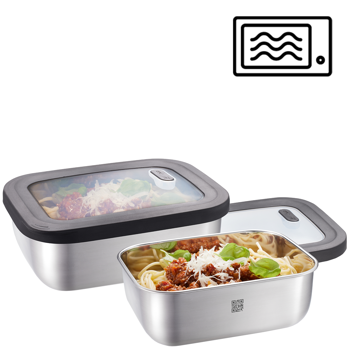 Edelstahl-Lunchbox mit Sichtfenster – mikrowellengeeignet Edelstahl-Lunchbox mit Sichtfenster, gefüllt mit Pasta und Soße, Mikrowellen-Symbol in der Ecke