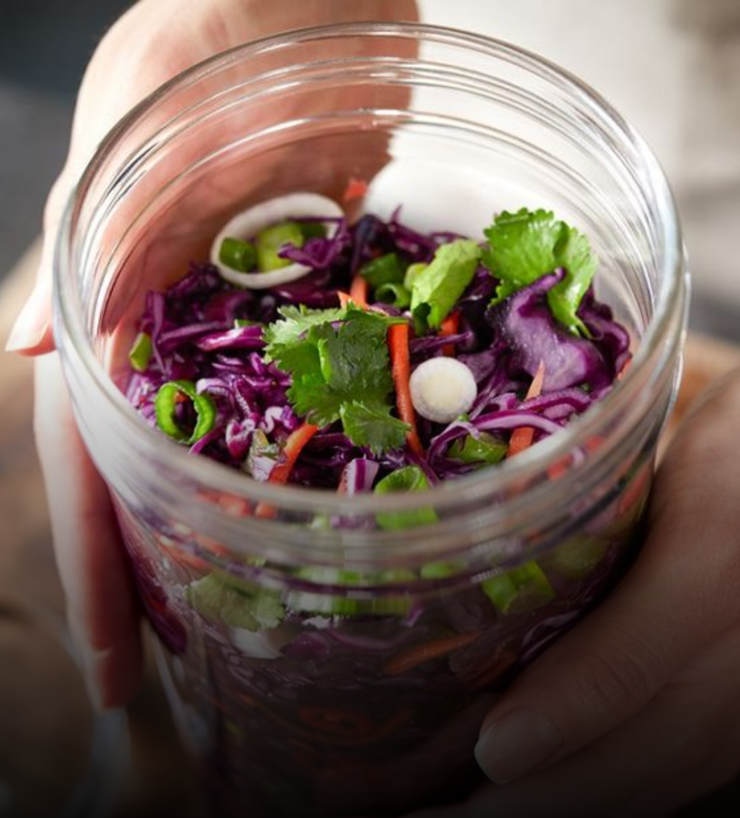 Frisches fermentiertes Rotkohlgemüse im Glas Nahaufnahme eines Glases mit frischem fermentiertem Rotkohlgemüse, verziert mit Koriander, Frühlingszwiebeln und Karottenstreifen, gehalten von Händen.