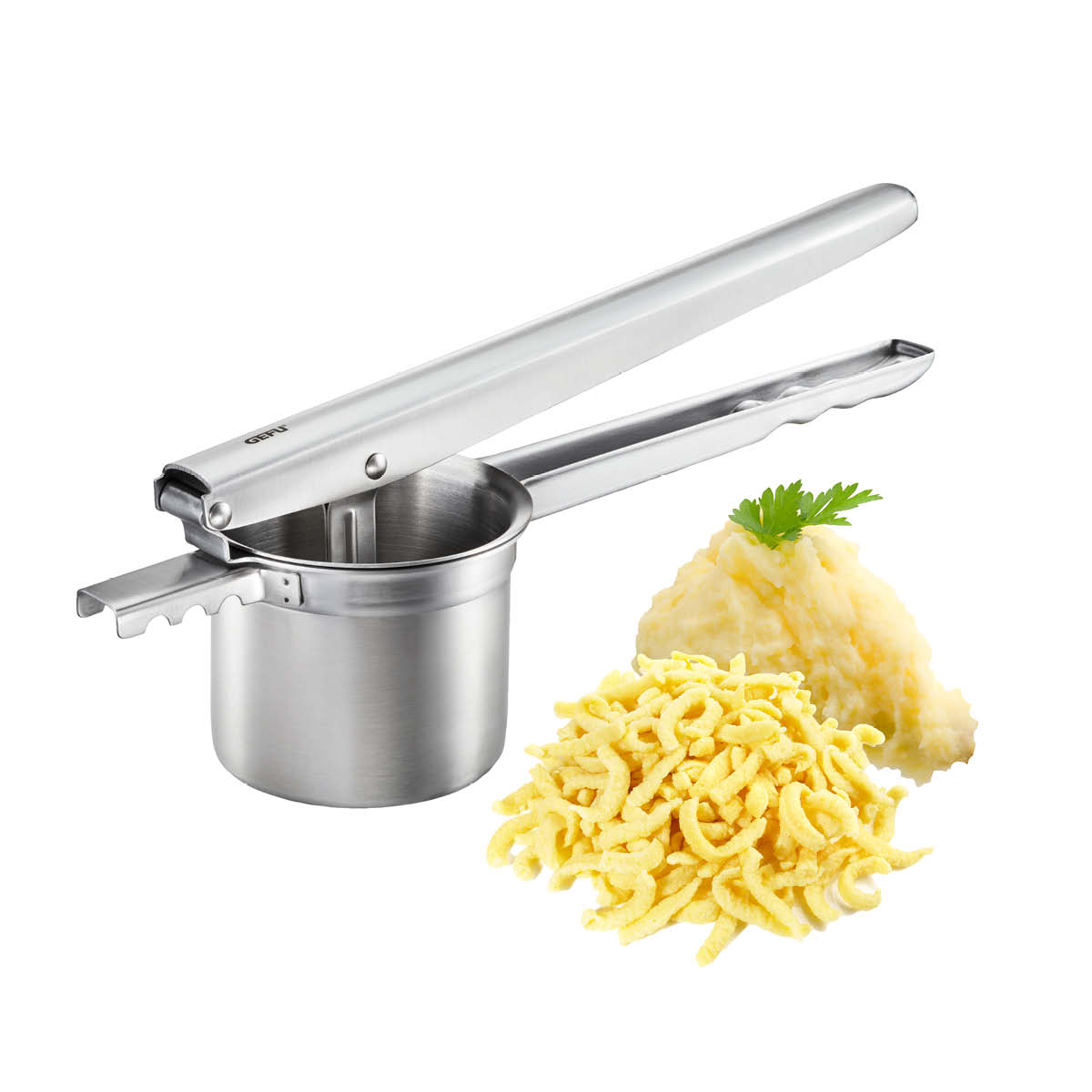 Hochwertige Edelstahl-Spätzlepresse für perfekte Spätzle und Kartoffelpurée Edelstahl-Spätzlepresse mit Spätzle und Kartoffelpurée im Hintergrund