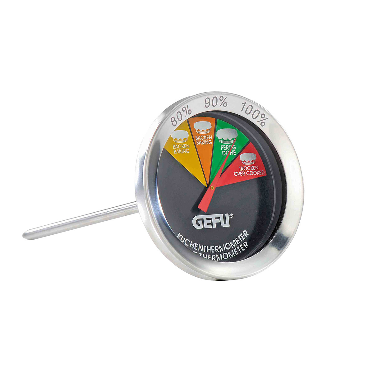 Küchenthermometer von GEFU zur präzisen Backzeitkontrolle Küchenthermometer von GEFU mit farbcodierter Anzeige zur optimalen Backzeitermittlung
