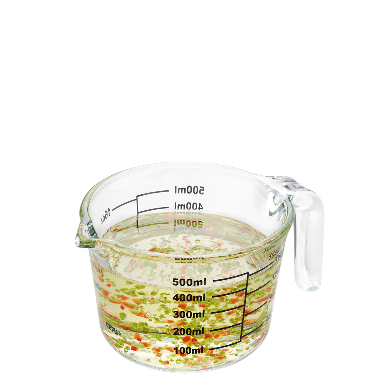 Messbecher aus Glas mit 500 ml Fassungsvermögen Transparenter Glas-Messbecher mit Messskala bis 500 ml und buntem Inhalt