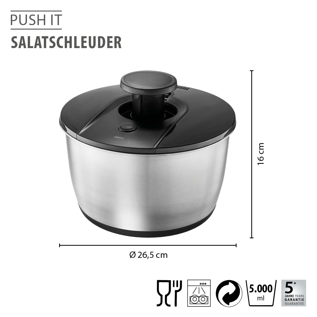 Push It Salatschleuder aus Edelstahl mit 5 Liter Fassungsvermögen Salatschleuder aus Edelstahl mit schwarzem Deckel, 26,5 cm Durchmesser und 16 cm Höhe, 5 Jahre Garantie