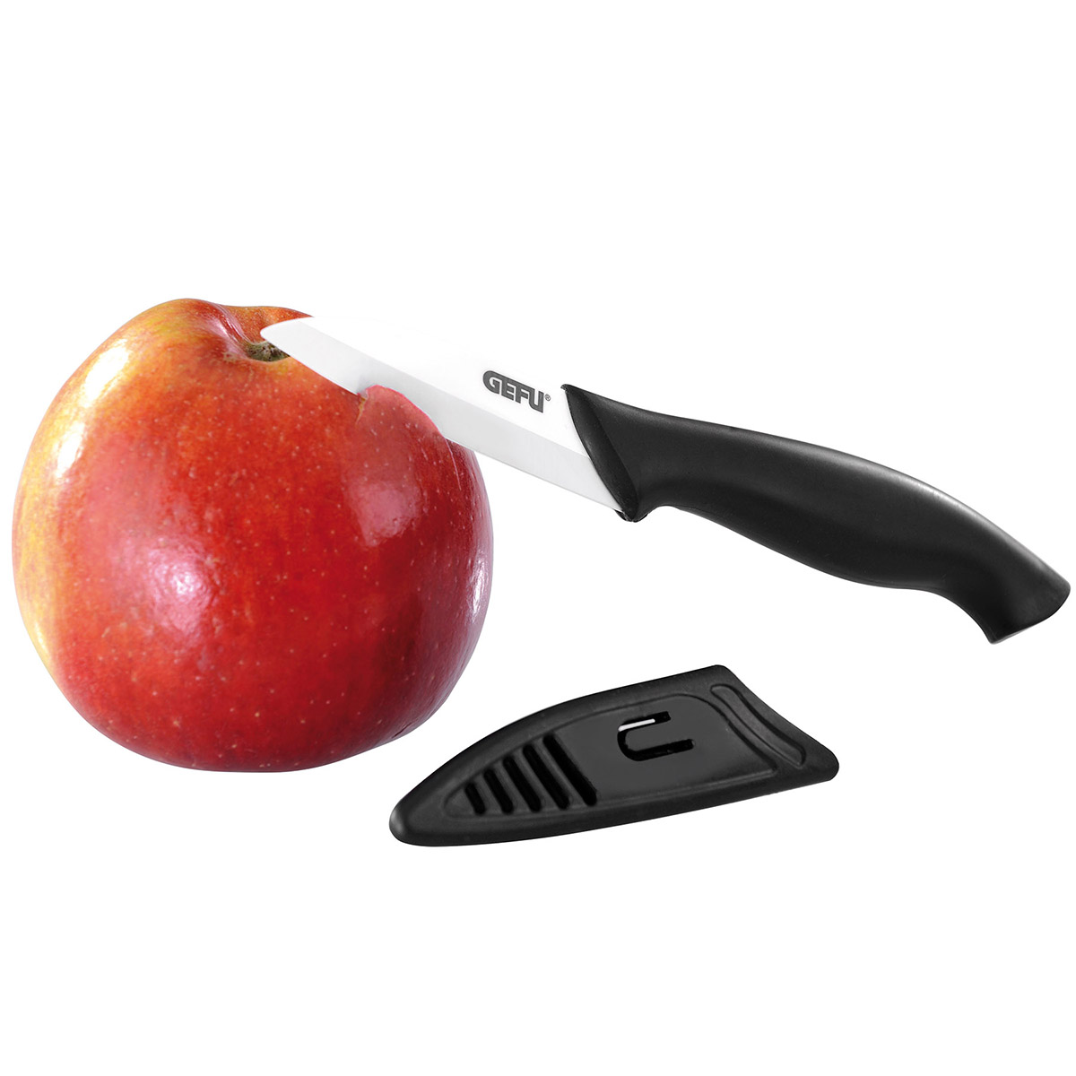Keramikmesser mit schwarzem Griff und Apfel Keramikmesser mit schwarzem Griff, Schneidschutz und Apfel