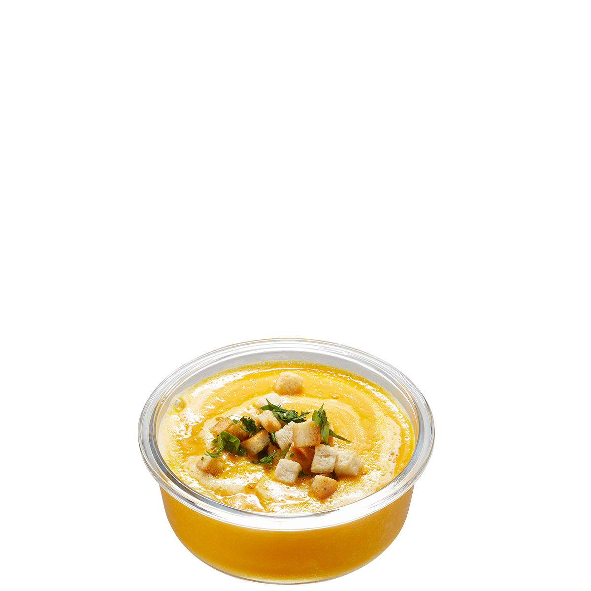 Kürbiscremesuppe mit Croutons in Glas serviert Frisch servierte Kürbiscremesuppe mit Croutons in einem Glasbehälter