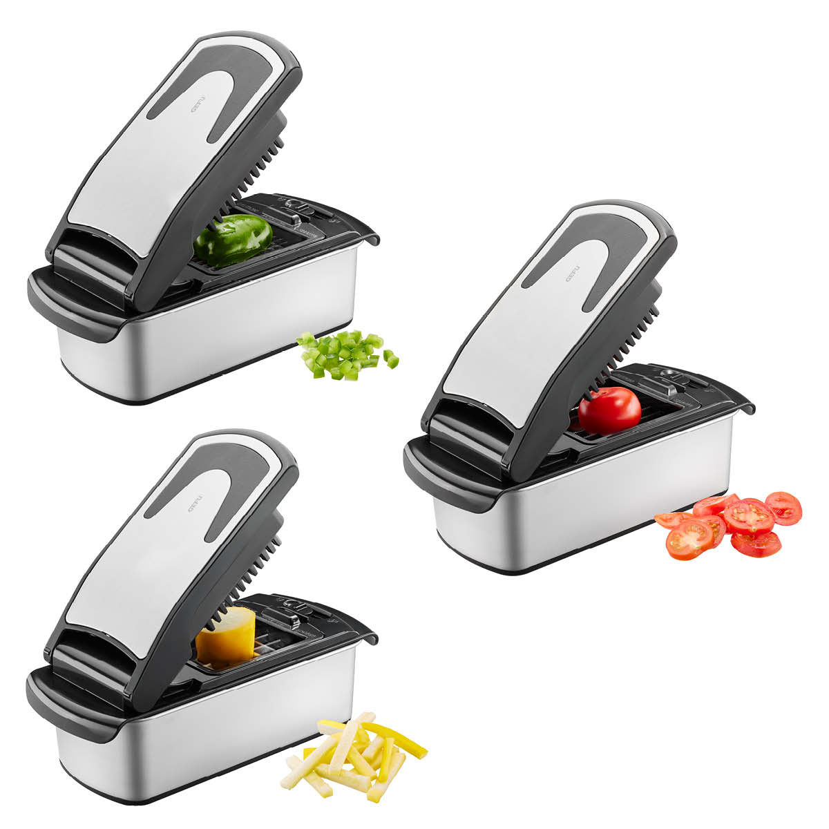 Multifunktions-Gemüseschneider mit Behälter und austauschbaren Klingen Multifunktions-Gemüseschneider für Paprika, Tomaten und Kartoffeln, schwarz-silberne Ausführung