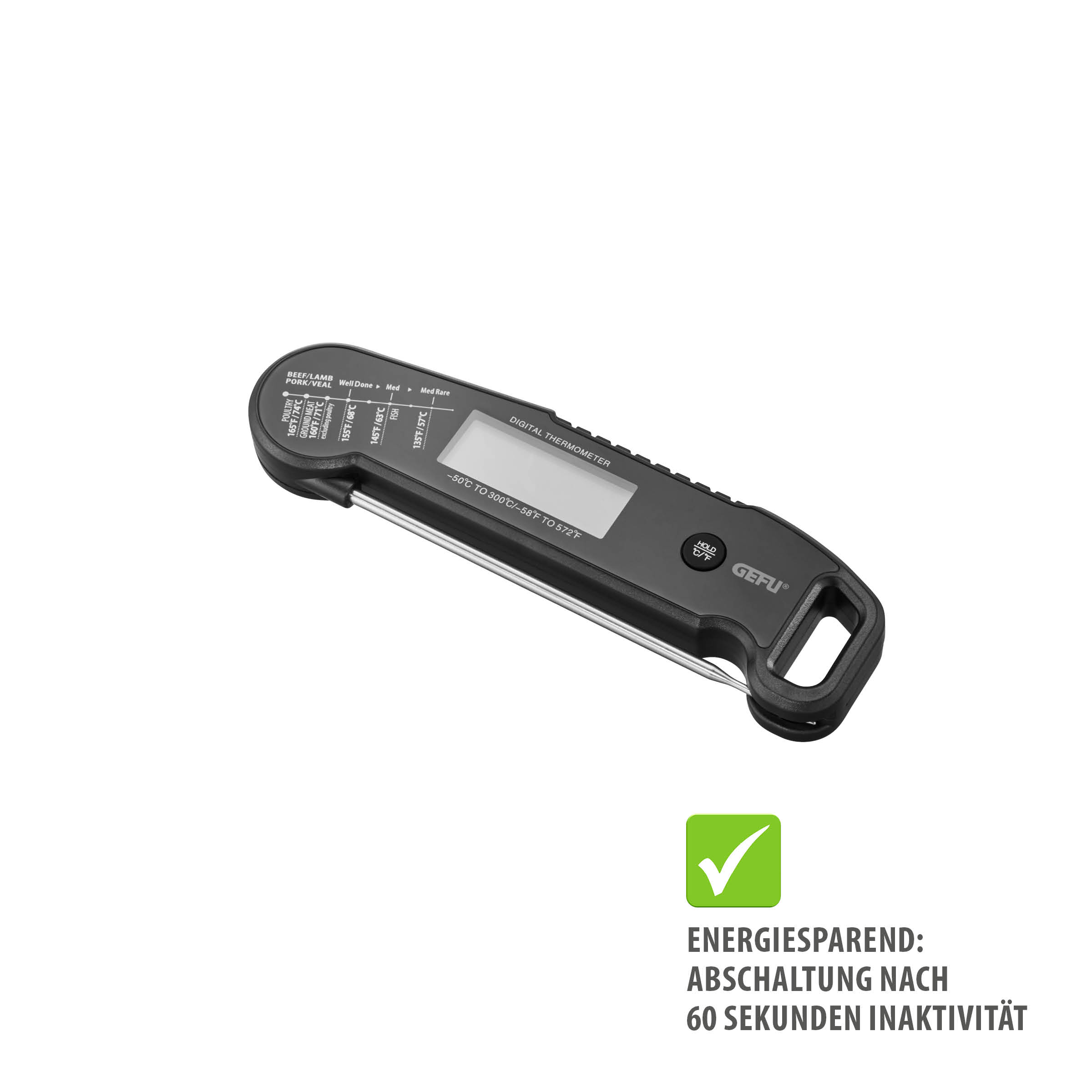 Klappbares Digital-Thermometer AUREMA von GEFU mit einklappbarer Sonde, 180°-Display und automatischer Abschaltung nach 60 Sekunden