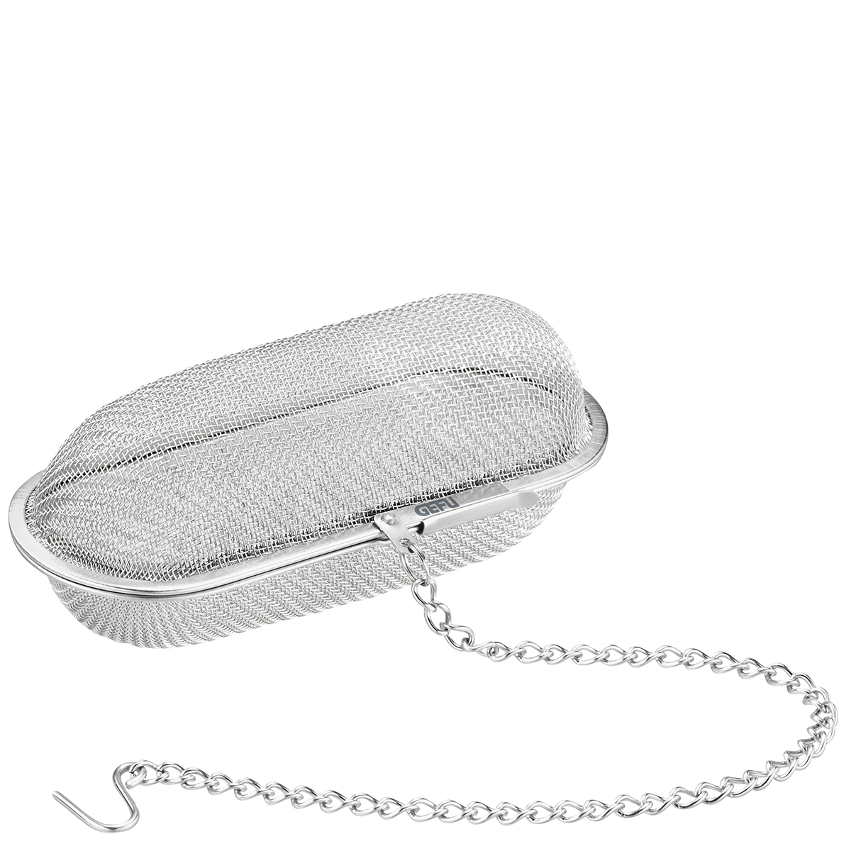 Edelstahl-Teesieb mit Kette für losen Tee Ein Teesieb aus Edelstahl mit Kette zum Einhängen in eine Tasse, ideal für losen Tee.