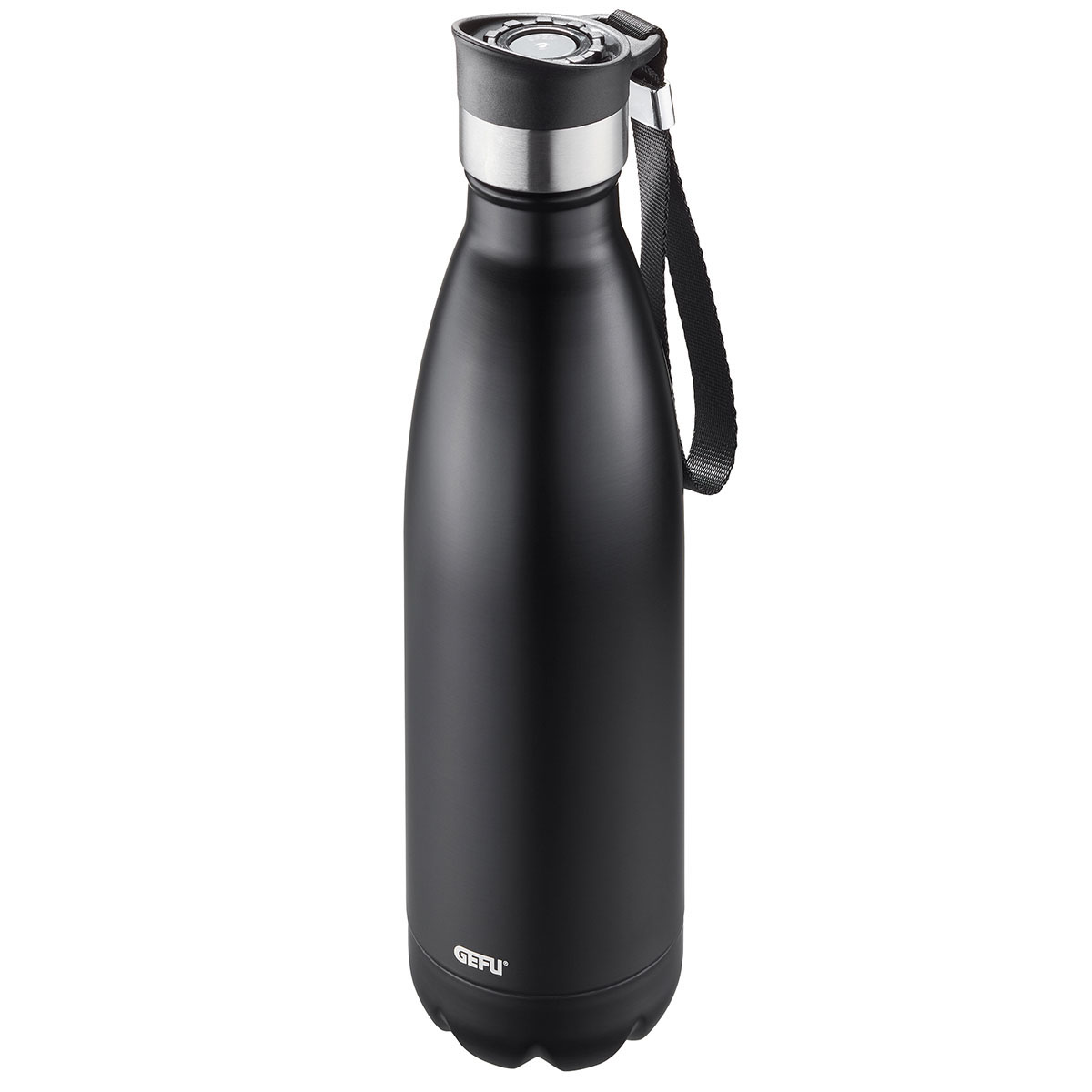 Schwarze Edelstahl-Trinkflasche mit glänzendem Drehverschluss und praktischer Trageschlaufe, ideal für unterwegs