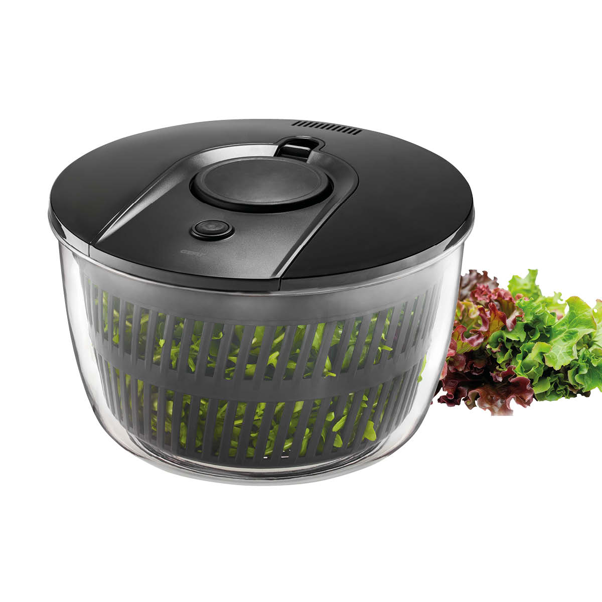 Moderne Salatschleuder mit schwarzem Deckel Salatschleuder mit schwarzem Deckel und frischem Salat im Hintergrund