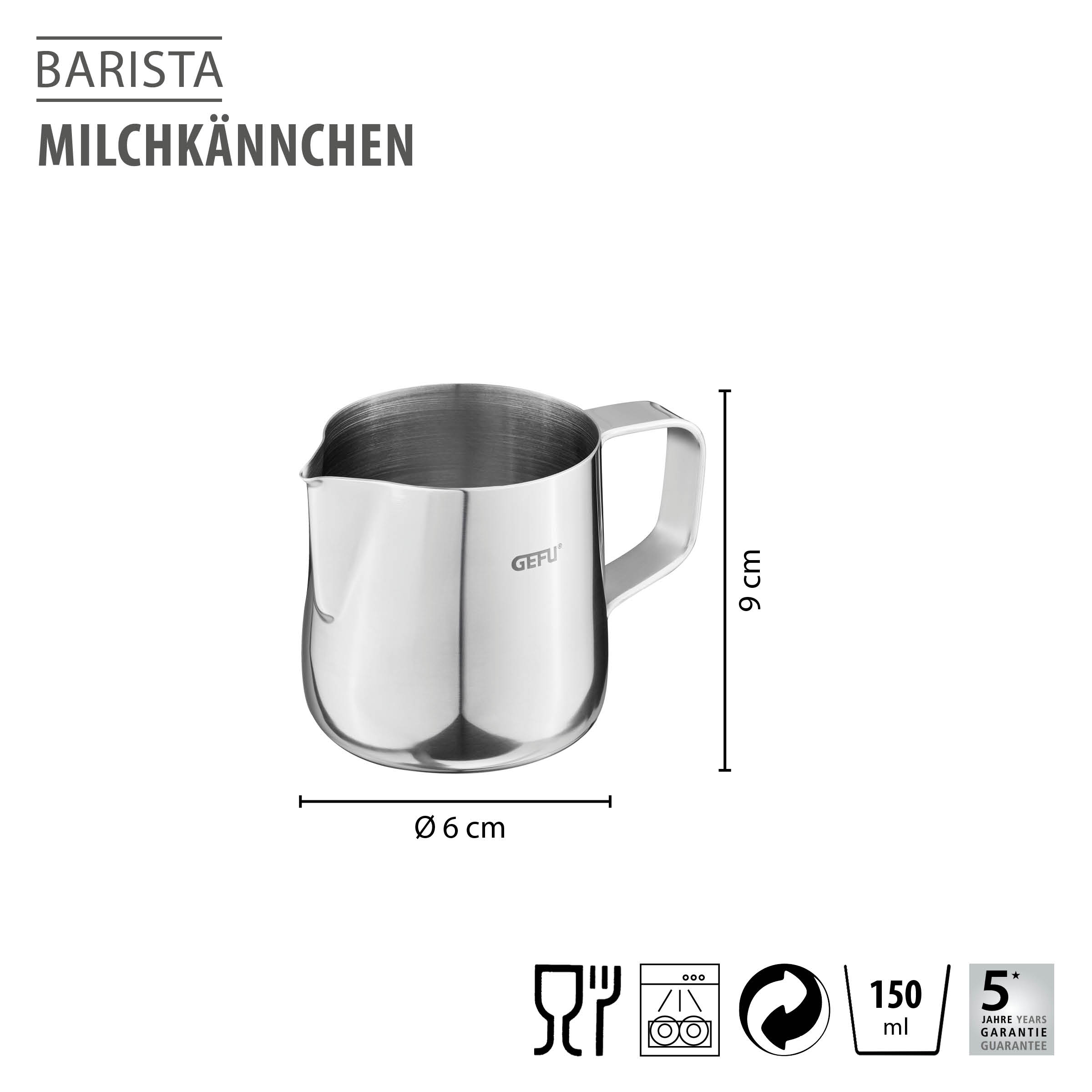 Abbildung des GEFU Milchkännchens BARISTA, 150 ml, aus Edelstahl mit extraschlanker Ausgießnase und stabilem, nach innen gewölbtem Boden, ideal zum stilvollen Servieren und Erhitzen von Milch oder Sahne.