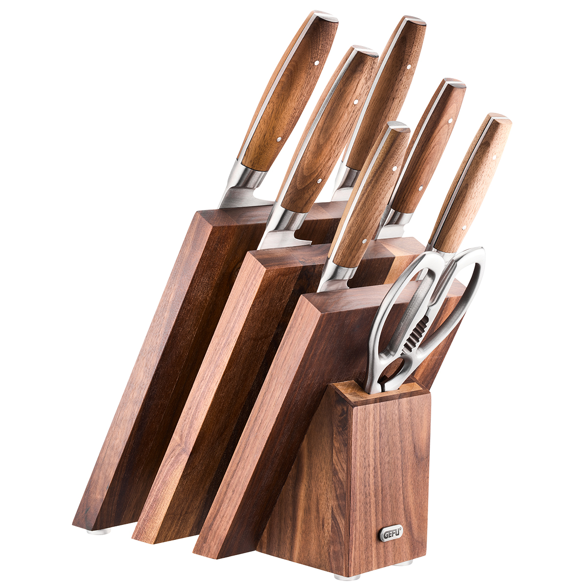Messerblock-Set aus Holz mit fünf Messern und einer Schere in modernem Design