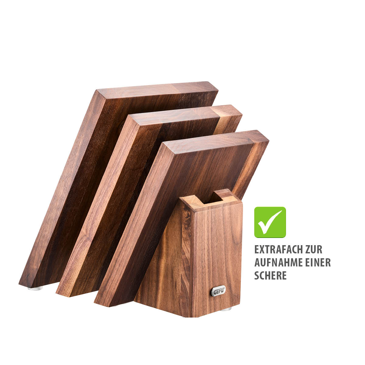 Ein Set aus vier Holz-Schneidebrettern mit einem speziellen Fach für eine Schere, von GEFU.