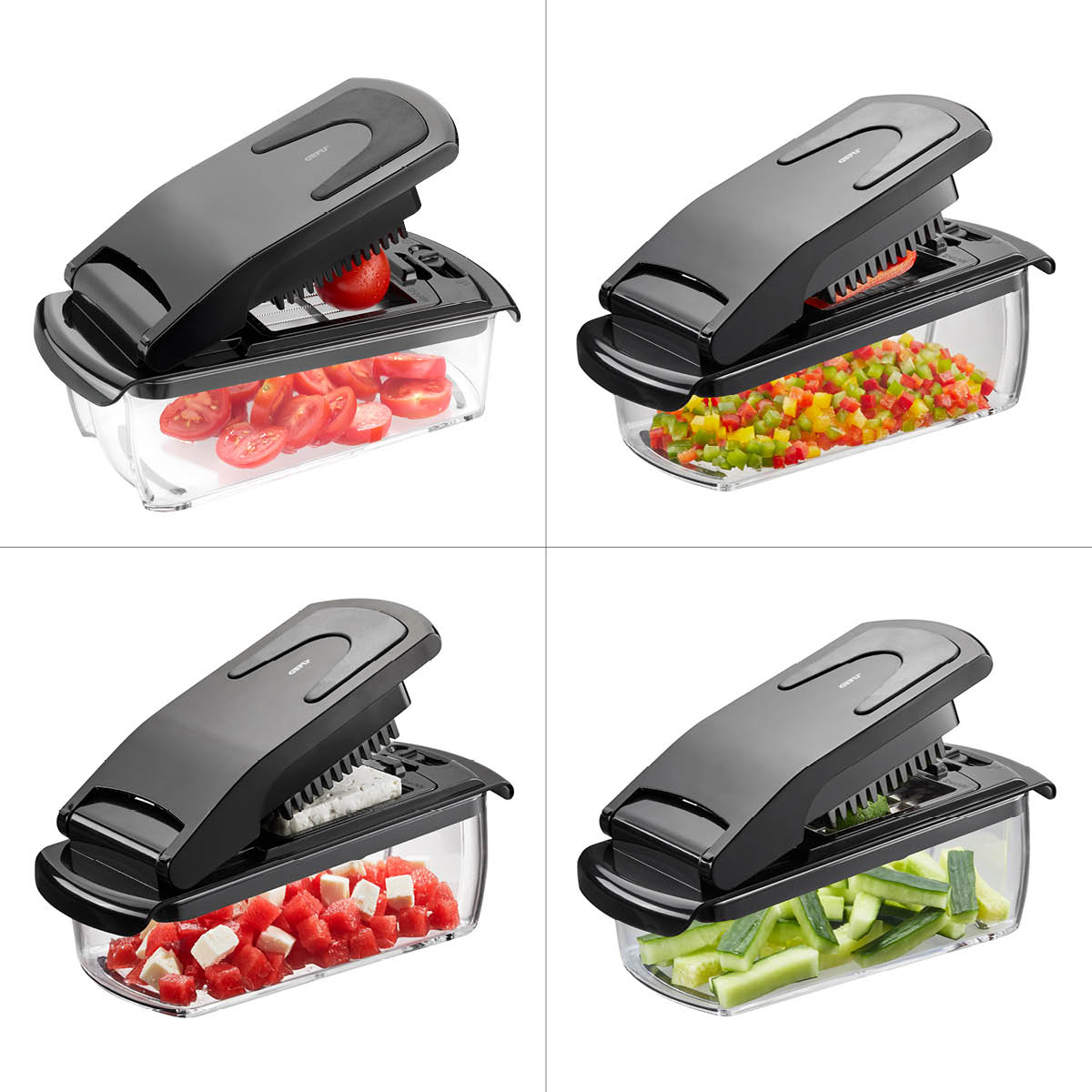 Praktischer Gemüseschneider mit Auffangbehälter - Ideal für Salate und mehr Vier verschiedene Ansichten eines Gemüseschneiders mit Auffangbehälter, geeignet zum Schneiden von Tomaten, Paprika, Wassermelone und Gurken.