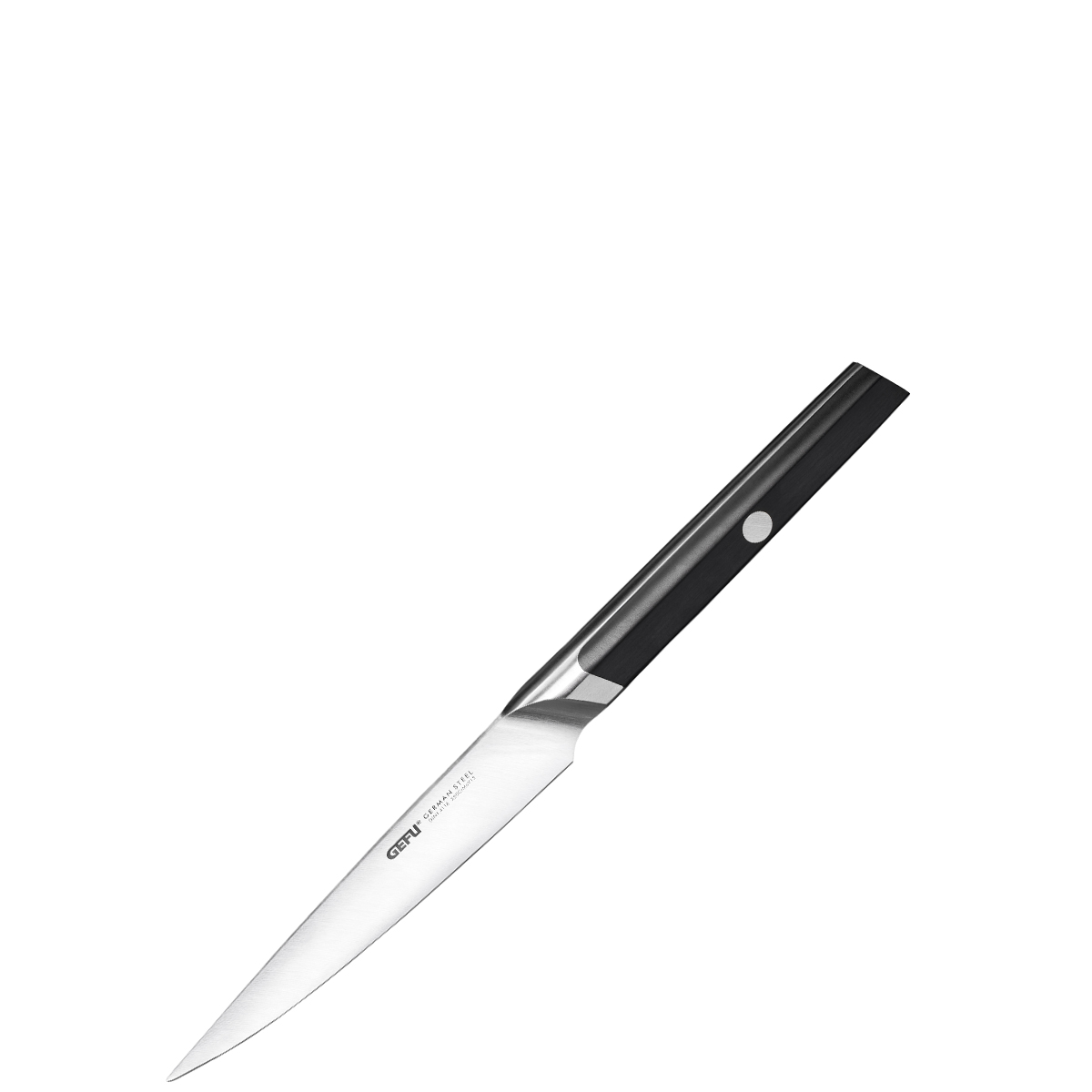 Küchenmesser mit schlanker Klinge und schwarzem Griff auf weißem Hintergrund
