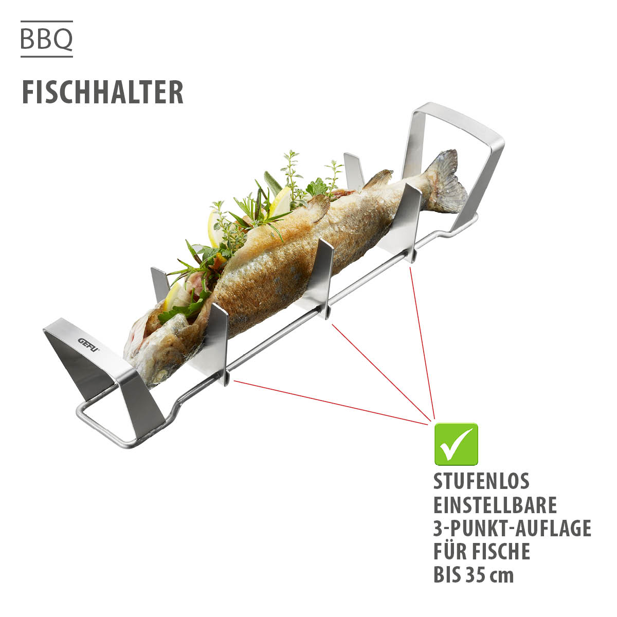 BBQ Fischhalter mit verstellbarer 3-Punkt-Auflage für Fische bis 35 cm Einstellbarer Fischhalter aus Edelstahl für die Zubereitung von Fischen auf dem Grill, geeignet für Fische bis 35 cm