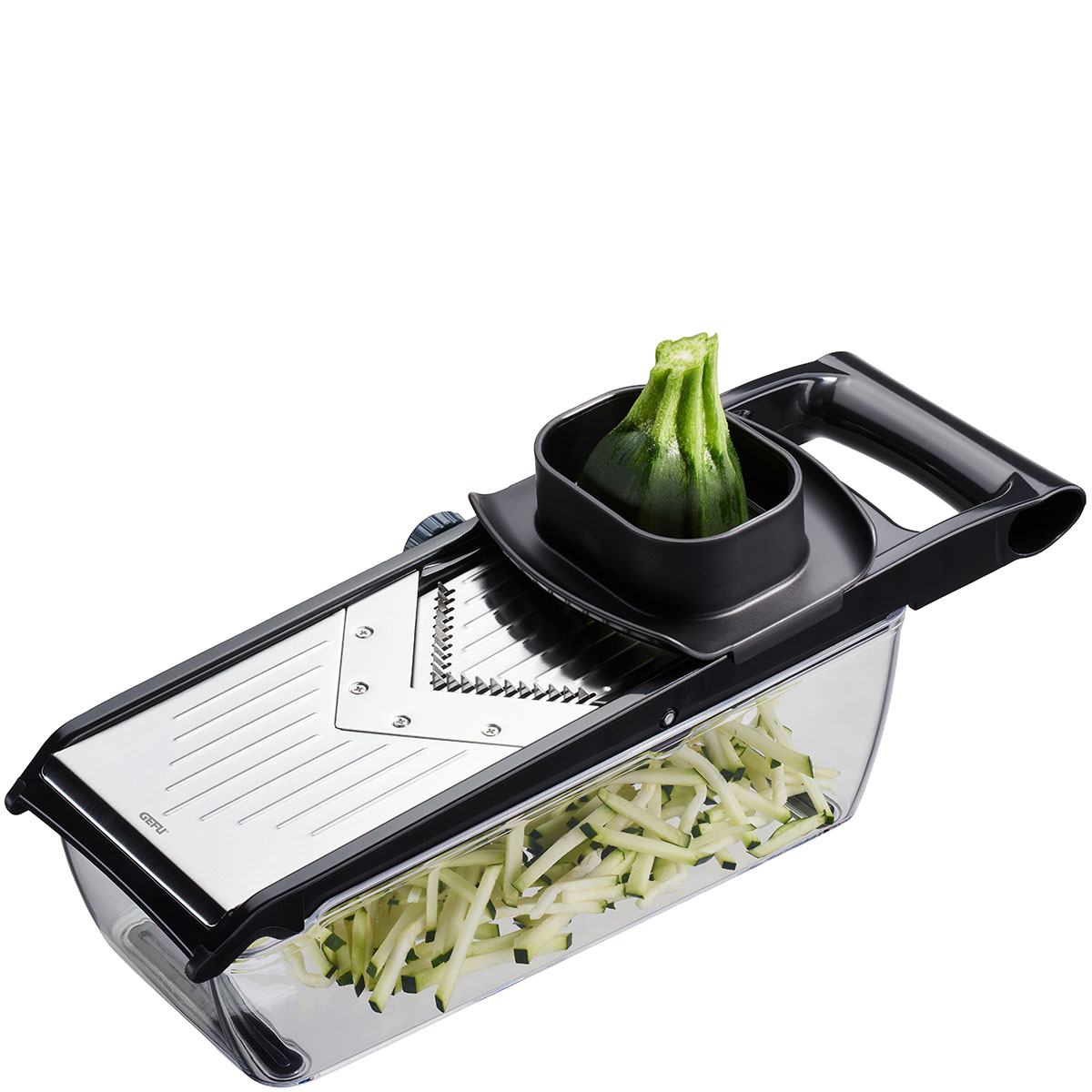 Praktische Gemüsereibe mit Auffangbehälter für einfache Handhabung Hochwertige Gemüsereibe mit Zucchini und integriertem Auffangbehälter