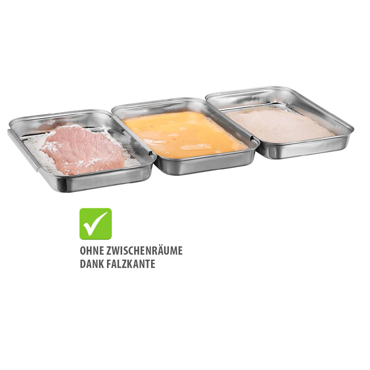 Drei Edelstahl-Schalen für Panierstation mit Fleisch, Ei und Paniermehl