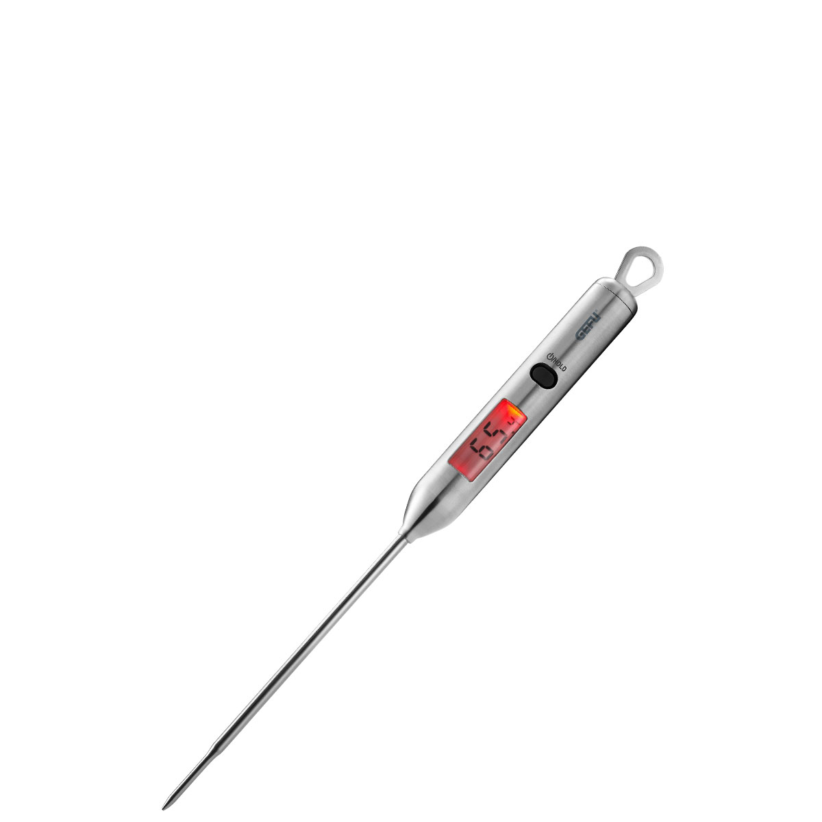 Digitales Küchenthermometer für präzises Messen der Speisentemperatur Ein digitales Küchenthermometer mit rotem Display zur genauen Temperaturmessung von Lebensmitteln