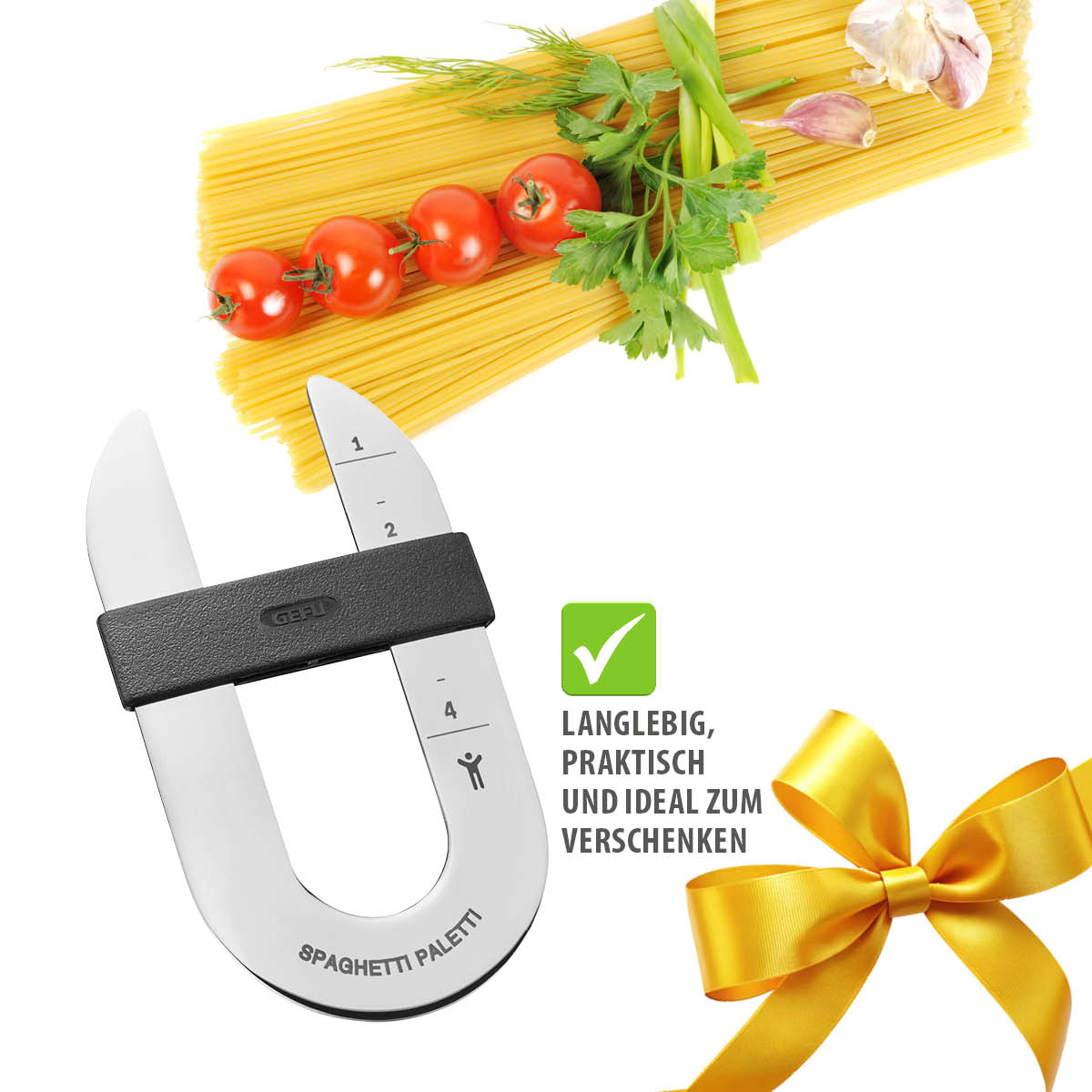Edelstahl-Spaghetti-Portionierer neben einem Bündel Spaghetti, Tomaten und Kräutern, ideal als Geschenk
