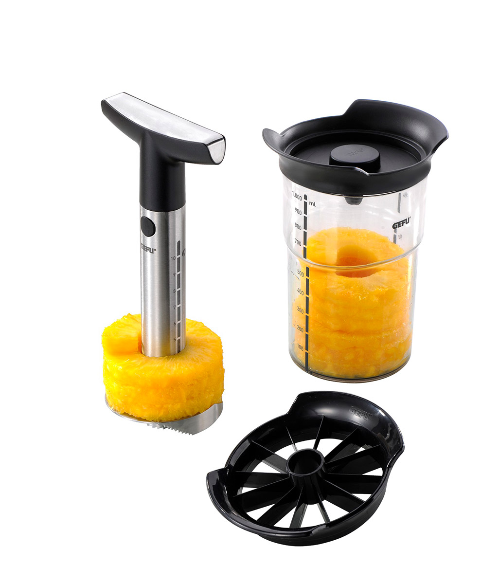Ananasschneider mit Behälter und Scheibenschneider Set bestehend aus Ananasschneider, transparentem Messbecher und Scheibenschneider, ideal zum einfachen Schneiden und Portionieren von Ananas.