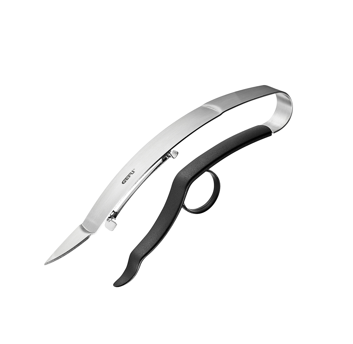 Hochwertiger Edelstahl-Schneidwerkzeug mit ergonomischem Griff Innovatives Küchenwerkzeug aus Edelstahl mit schwarzem ergonomischem Griff