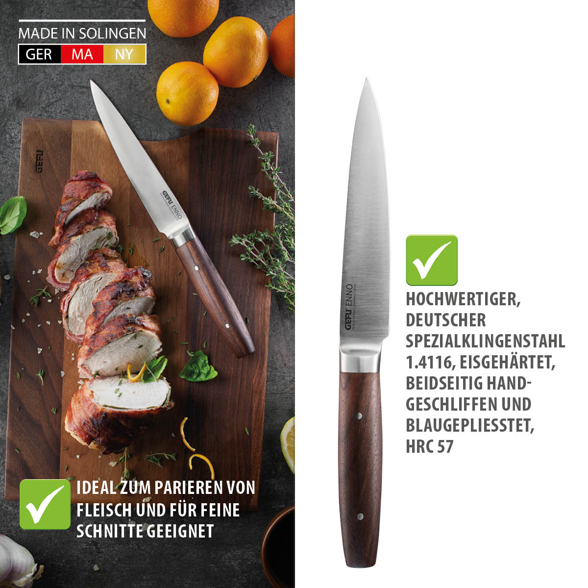 Hochwertiges deutsches Fleischmesser aus Solingen, ideal für feine Schnitte Kochmesser aus Solingen mit Fleisch auf Schneidebrett und Orangen, ideal zum Parieren und für feine Schnitte geeignet