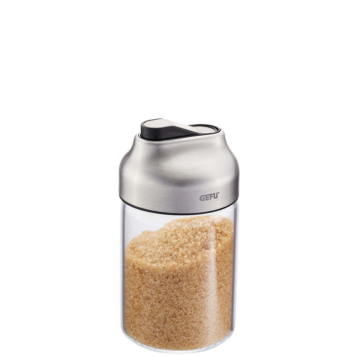 Moderner Zuckerstreuer aus Edelstahl mit Glasbehälter Ein Zuckerstreuer aus Edelstahl mit einem Glasbehälter, gefüllt mit braunem Zucker