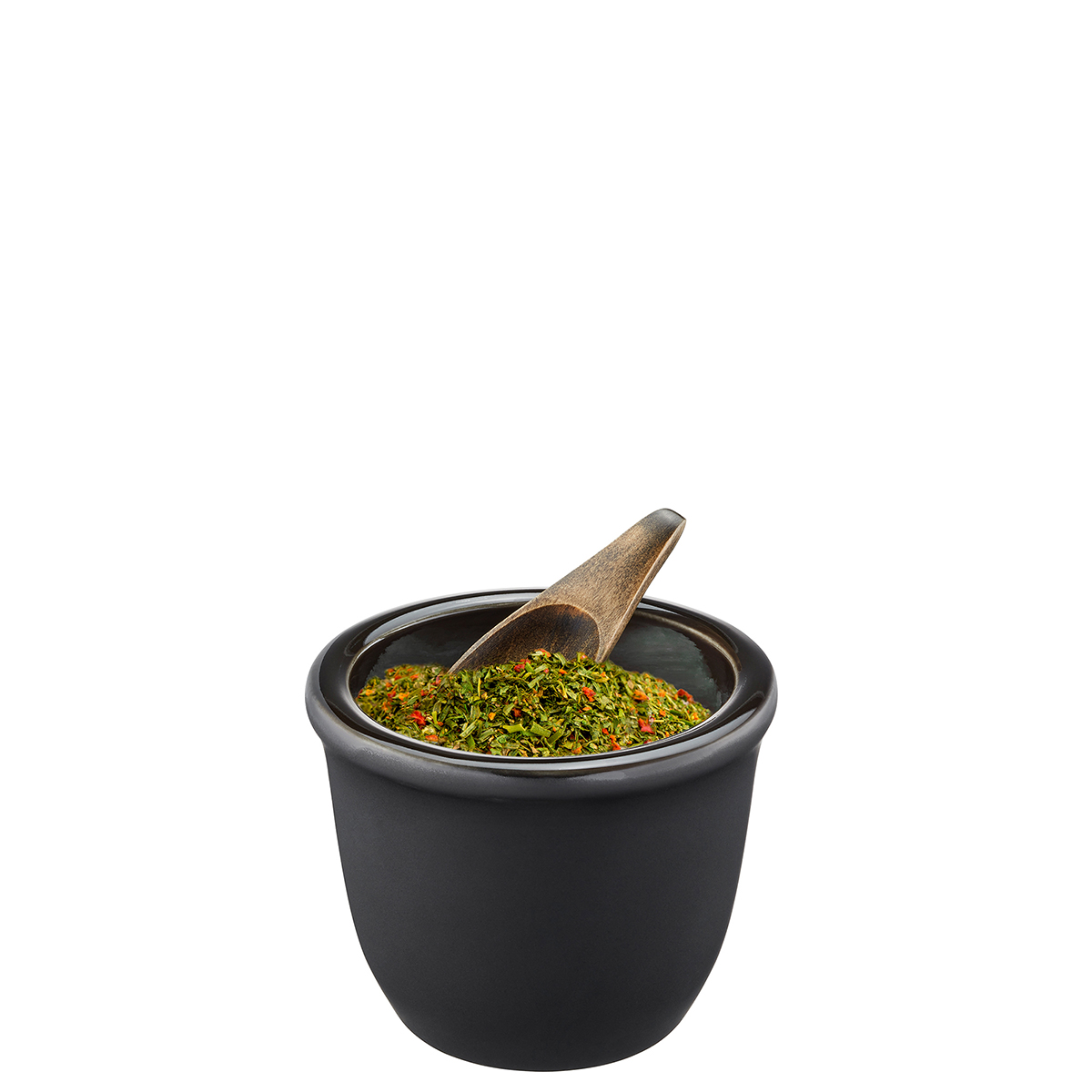 Keramikgefäß mit Gewürzmischung und Holzlöffel Schwarzes Keramikgefäß gefüllt mit bunter Gewürzmischung und kleinem Holzlöffel