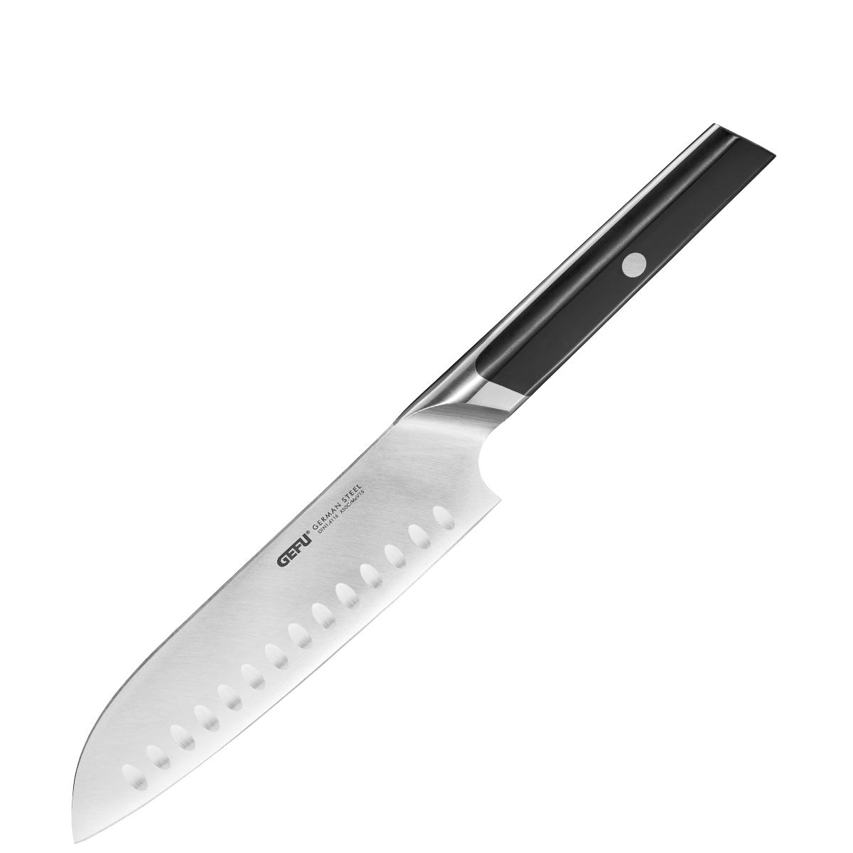 Santokumesser mit Kullenschliff und ergonomischem Griff, ideal für präzises Schneiden