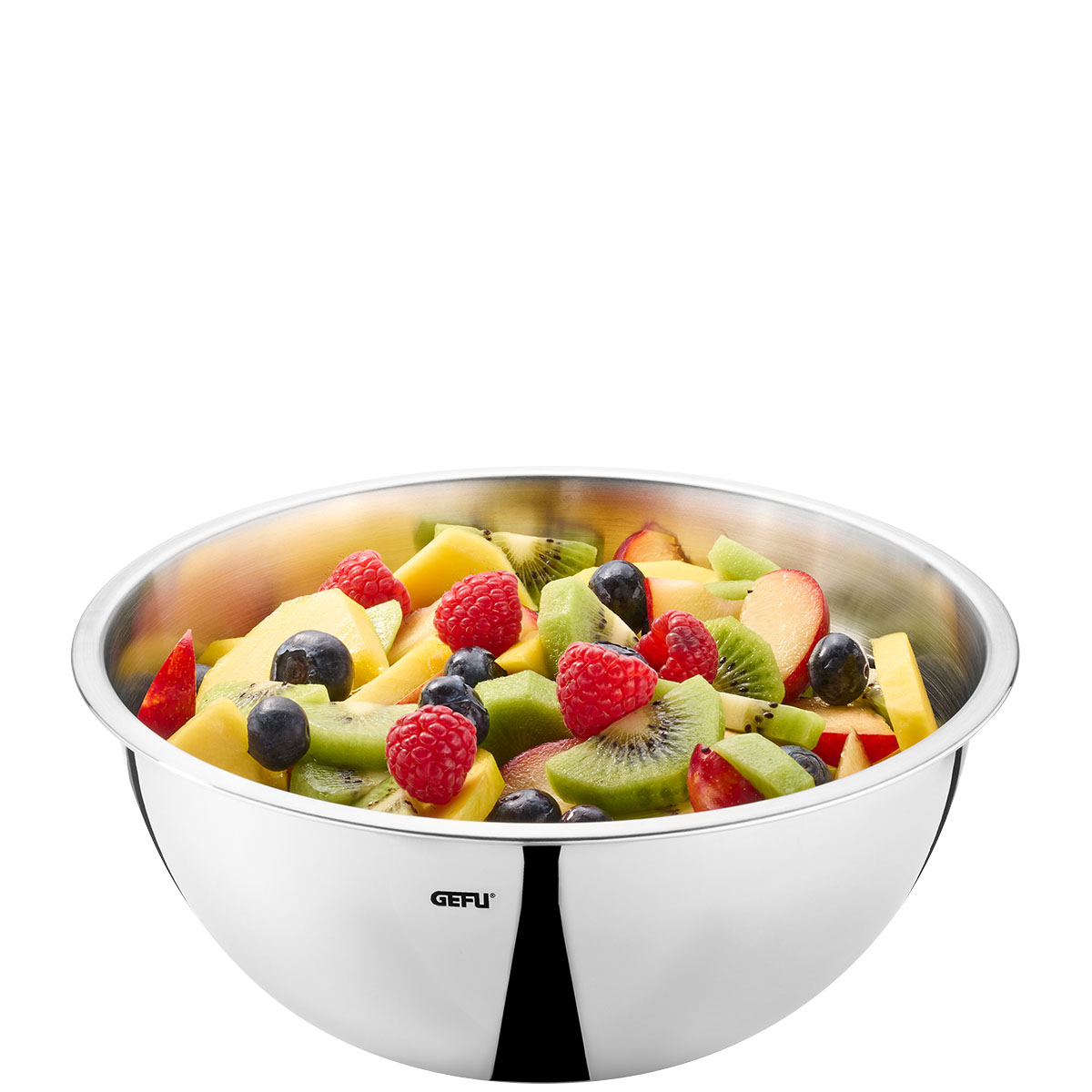 Edelstahl-Schüssel mit frischem Obstsalat Eine Edelstahl-Schüssel gefüllt mit frischem Obstsalat, bestehend aus verschiedenen Früchten wie Himbeeren, Kiwi und Blaubeeren.