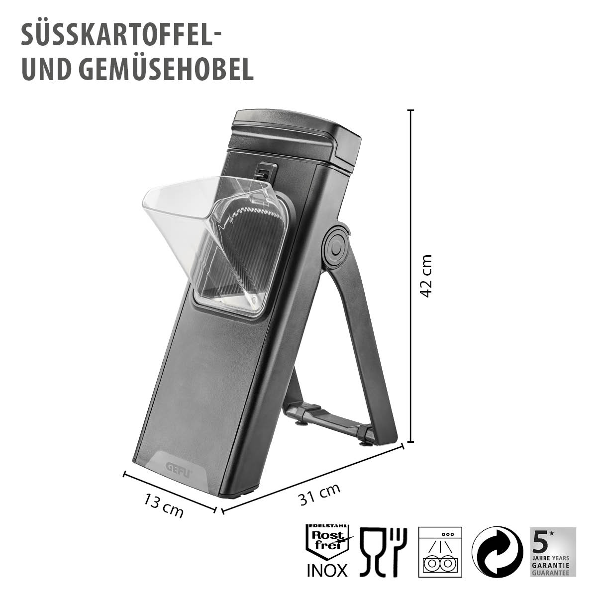 Schwarzer Süßkartoffel- und Gemüsehobel aus Kunststoff mit Edelstahlklingen, 42 cm hoch, rostfrei und spülmaschinengeeignet.