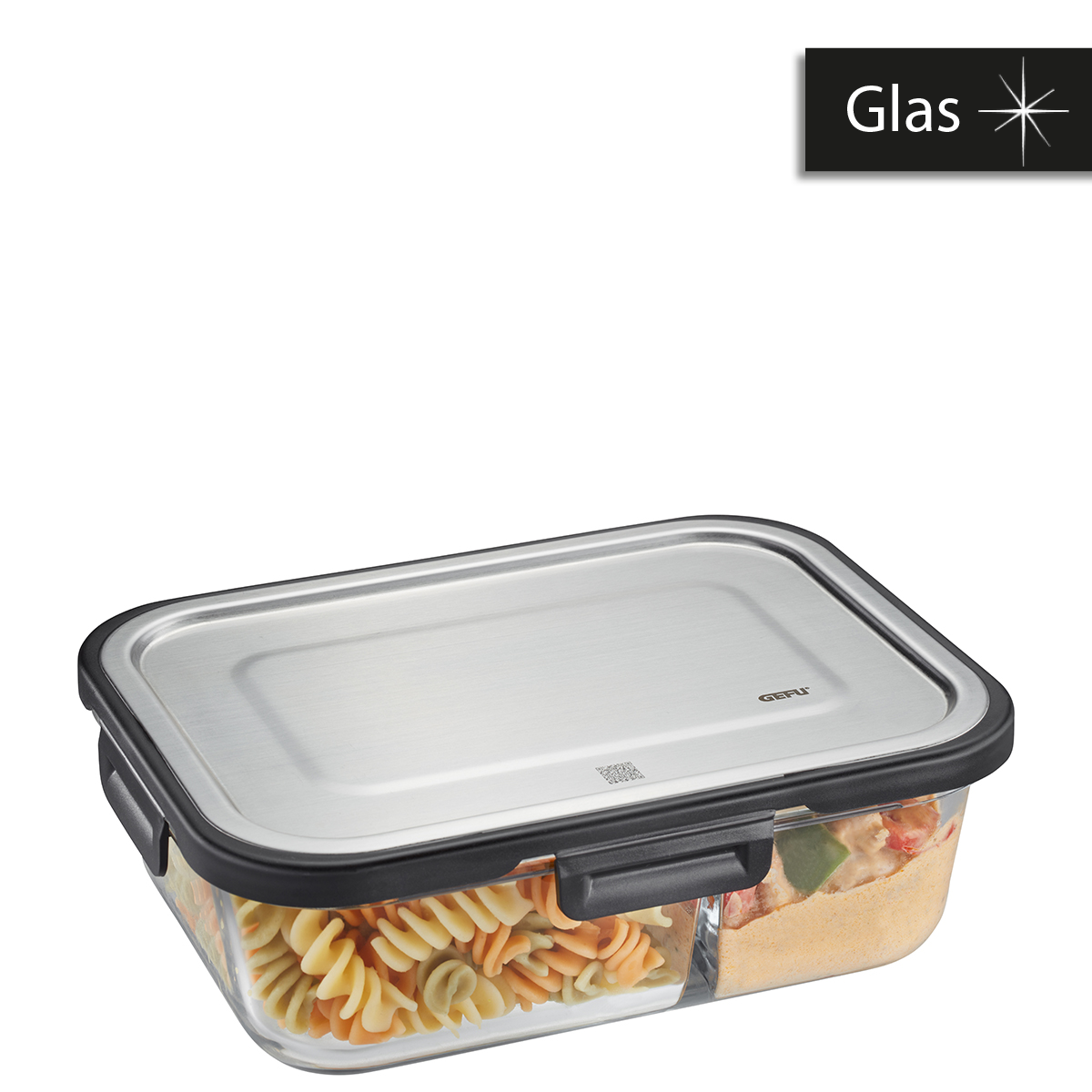 Glas-Aufbewahrungsbox mit Edelstahl-Deckel, ideal für Lebensmittelaufbewahrung Rechteckige Glas-Aufbewahrungsbox mit hermetisch abschließendem Edelstahl-Deckel und schwarzen Verschlussclips, gefüllt mit bunter Pasta