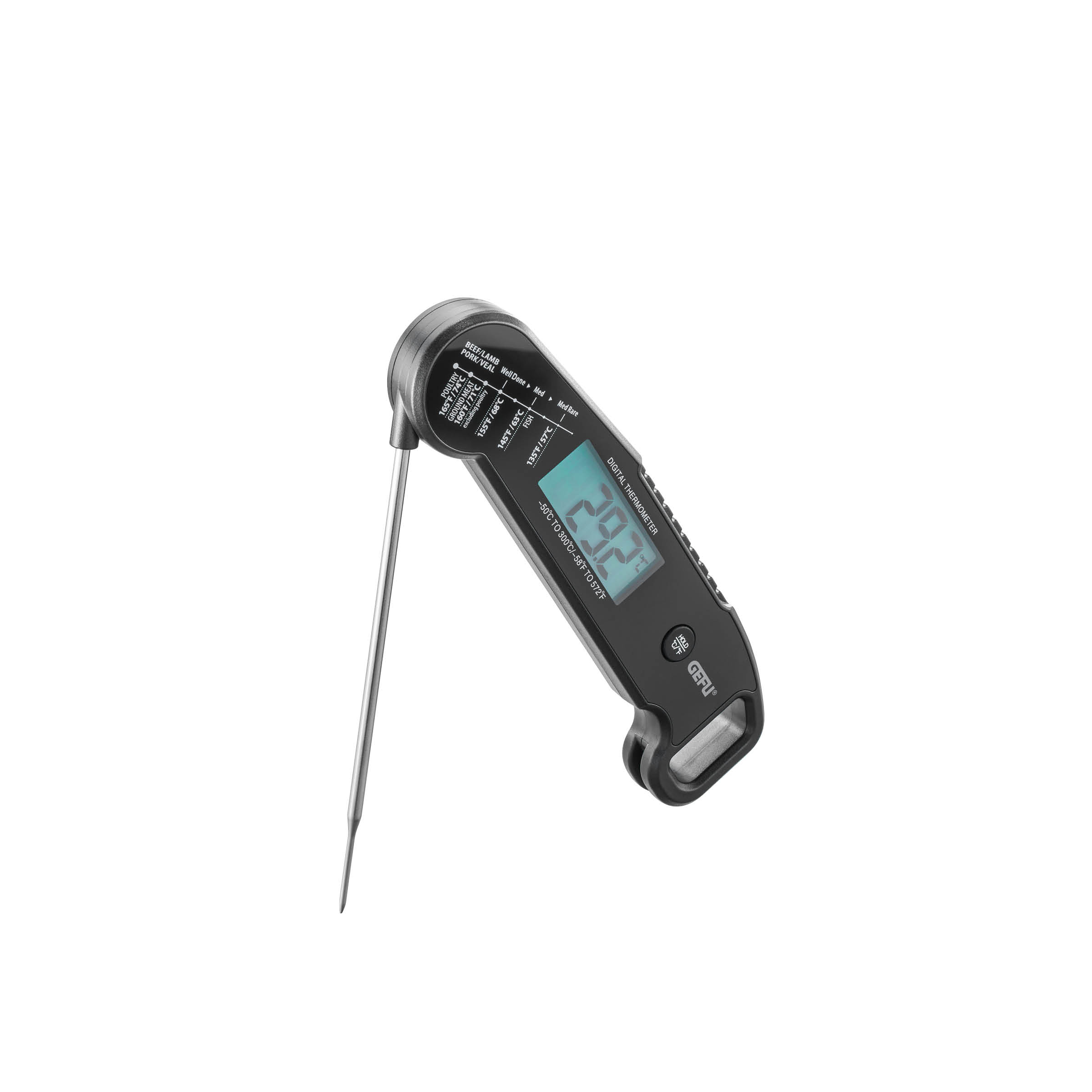 Produktbild des klappbaren Digital-Thermometers AUREMA von GEFU mit ausklappbarer Edelstahl-Sonde, beleuchtetem 180°-Display und großer Temperaturanzeige von –50 °C bis 300 °C