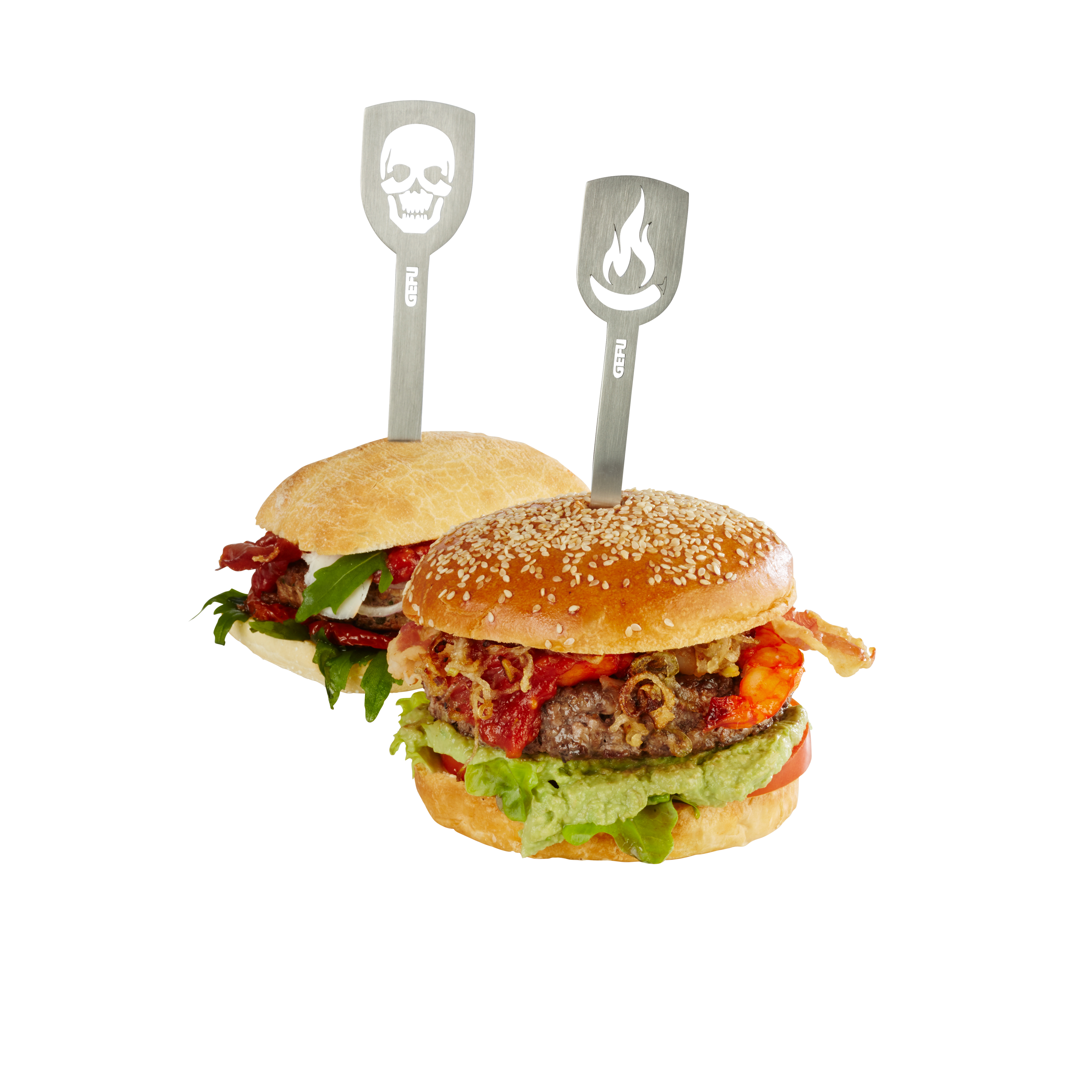 Hamburger-Spieße TORRO, 2 Stück (Totenkopf/Flamme)