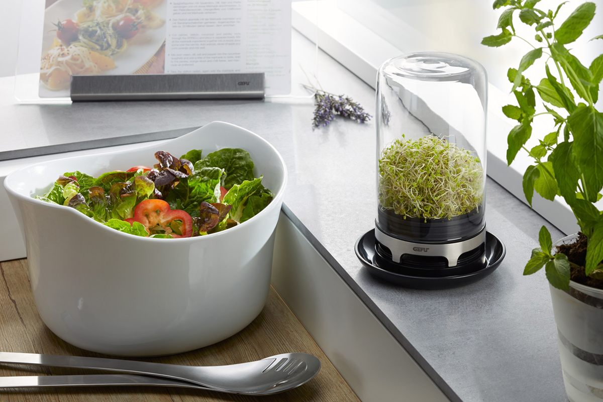 Frischer Salat mit Sprossen im modernen Küchenszenario Eine Schüssel mit frischem Salat neben einem Glas Sprossengarten in einer modernen Küche
