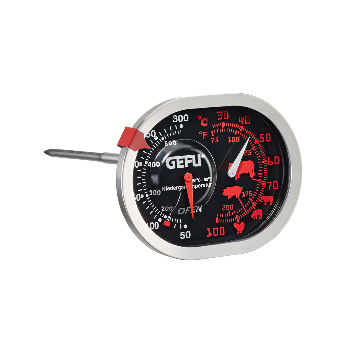 Gefu Ofen- und Bratenthermometer für präzise Temperaturkontrolle Gefu Ofen- und Fleischthermometer mit Messskalen für verschiedene Fleischsorten