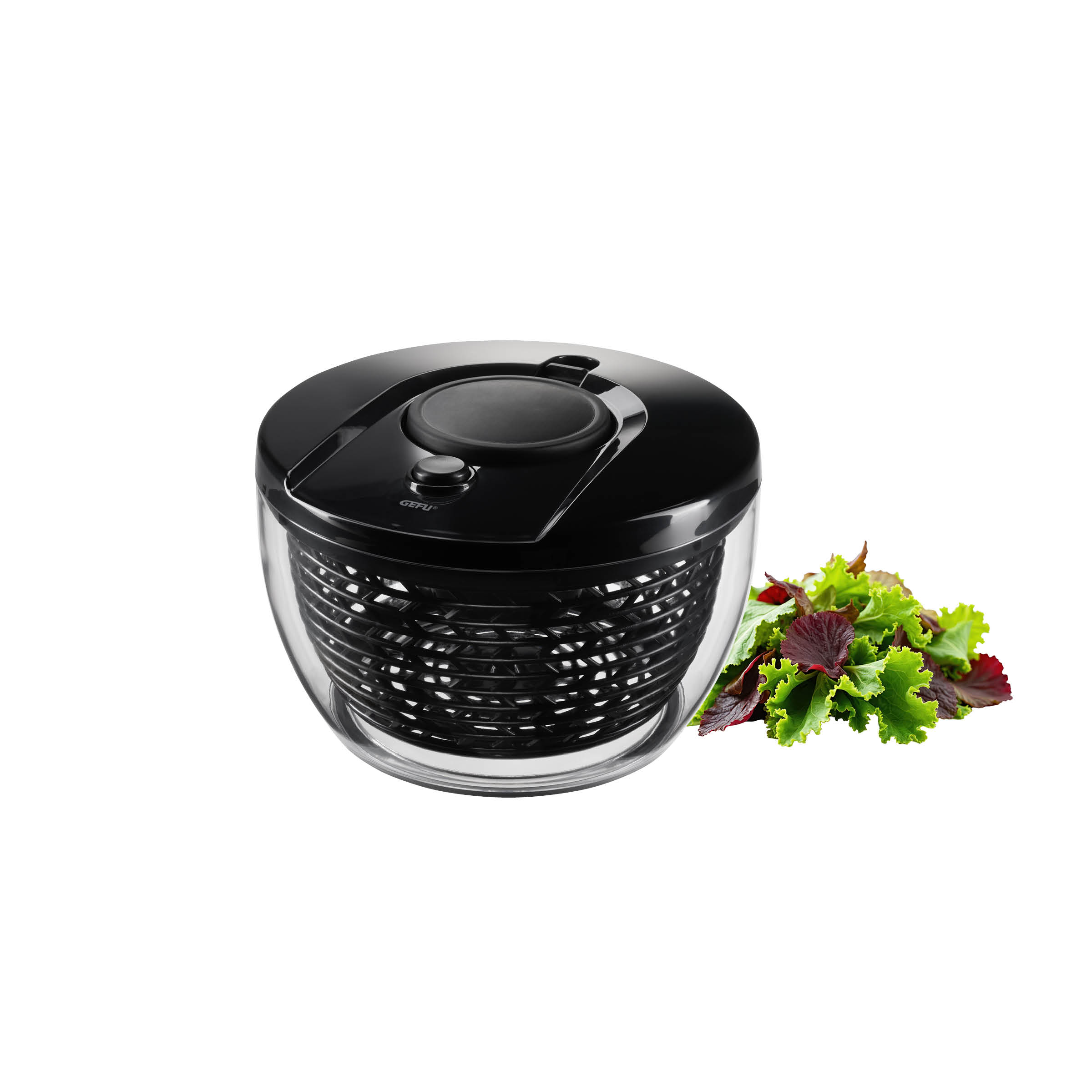 GEFU Salat- und Kräuterschleuder PUSH IT, 3 L in Schwarz mit PUSH-Mechanismus und Stopp-Button, ideal zum schonenden Schleudern kleiner Salat- und Kräutermengen