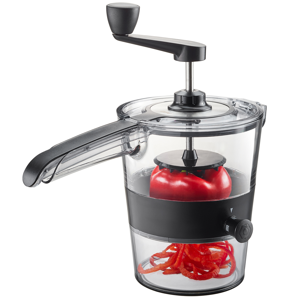 Manuelle Küchenmaschine mit Kurbel für Gemüse und Obst Manuelle Küchenmaschine zur Verarbeitung von Tomaten und anderem Gemüse