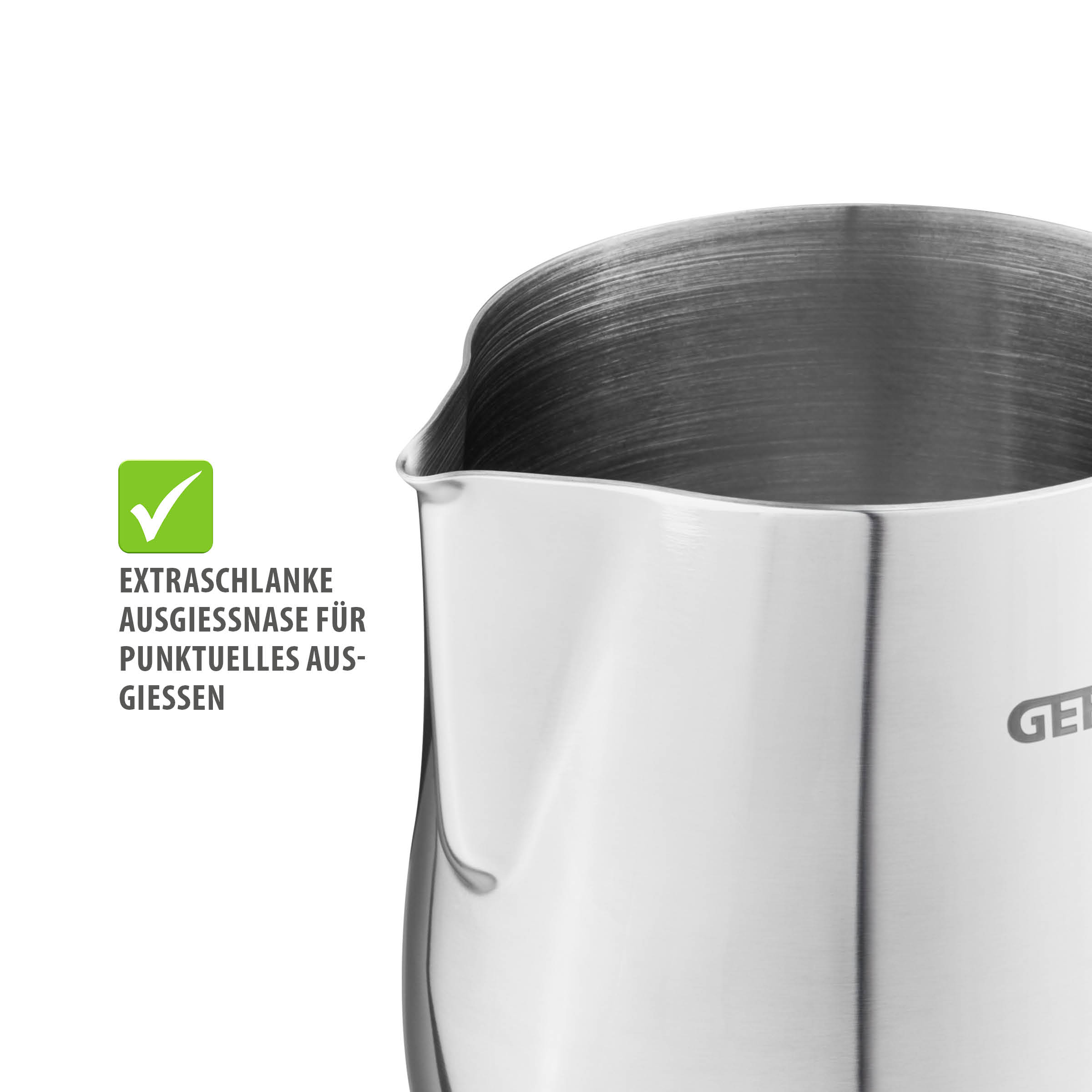 Detailansicht des GEFU Milchkännchens BARISTA, 150 ml, aus Edelstahl mit extraschlanker Ausgussnase für präzises Ausgießen von Milch oder Sahne