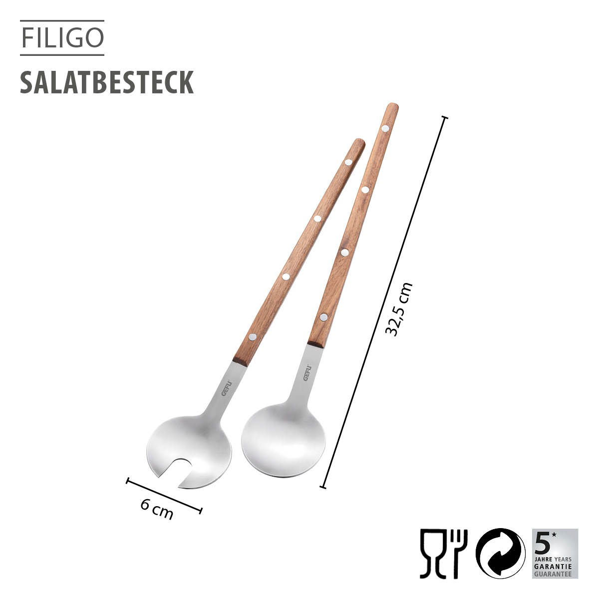Salatbesteck von Filigo mit Holzgriffen, Länge 32,5 cm, hochwertige Verarbeitung