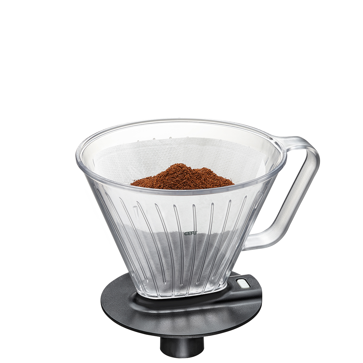 Moderner Kaffeefilter aus Glas mit gemahlenem Kaffee Transparenter Kaffeefilter aus Glas mit Kaffeepulver und Papierfilter