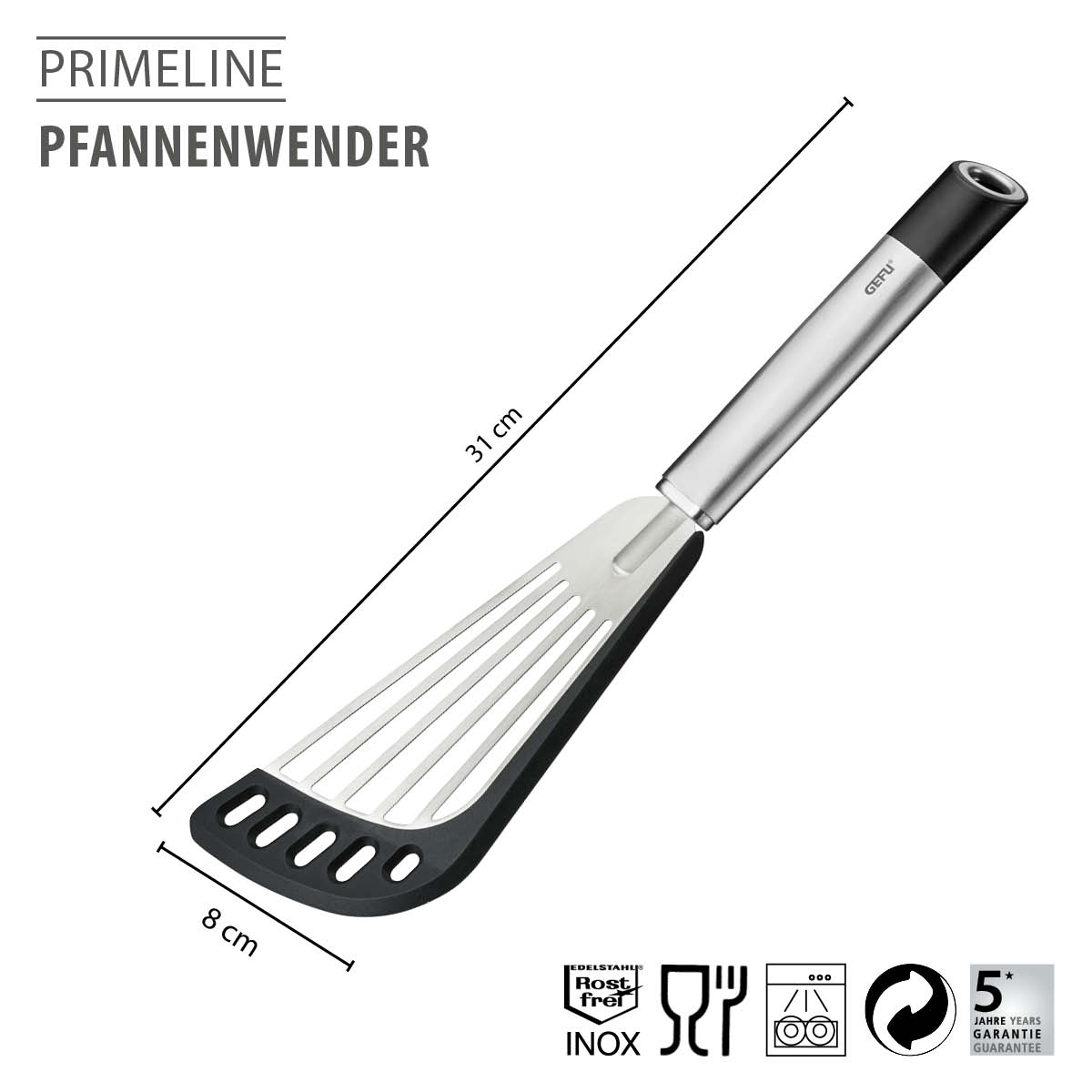 Hochwertiger Primeline Pfannenwender aus Edelstahl, 31 cm Länge 31 cm langer Primeline Pfannenwender aus rostfreiem Edelstahl und Kunststoff. Ideal zum Wenden von Speisen in der Pfanne.