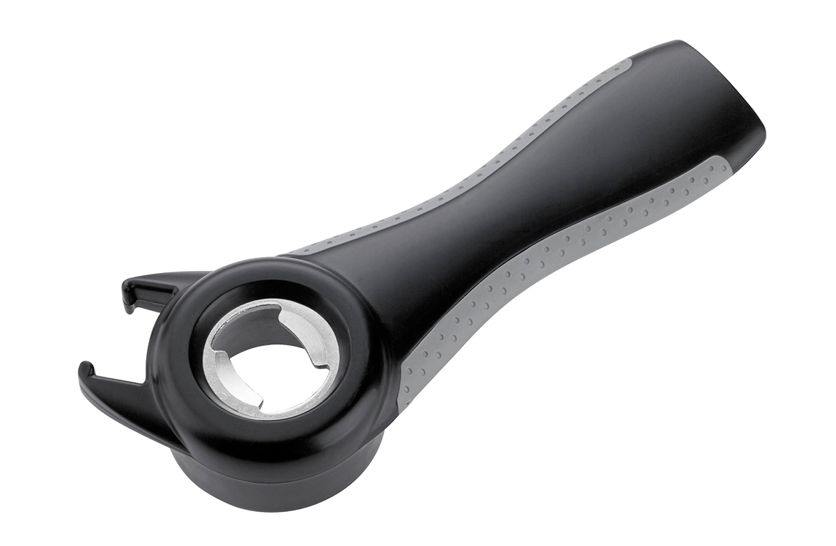 Ergonomischer Dosenöffner mit rutschfestem Griff Ein schwarzer Dosenöffner mit ergonomischem Design und rutschfestem Griff auf weißem Hintergrund. Ideal für einfache Handhabung und sicheres Öffnen von Dosen.