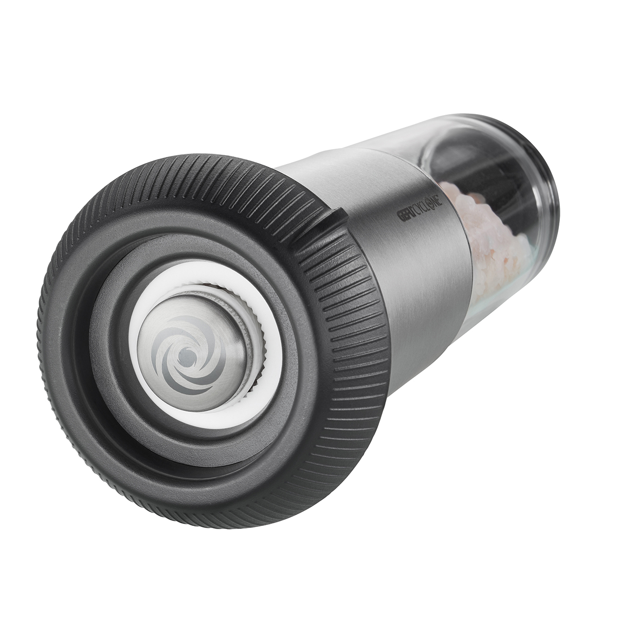 Elektrische Salz- und Pfeffermühle aus Edelstahl Nahaufnahme einer elektrischen Salz- und Pfeffermühle aus Edelstahl mit sichtbarem Mahlwerk und transparentem Behälter