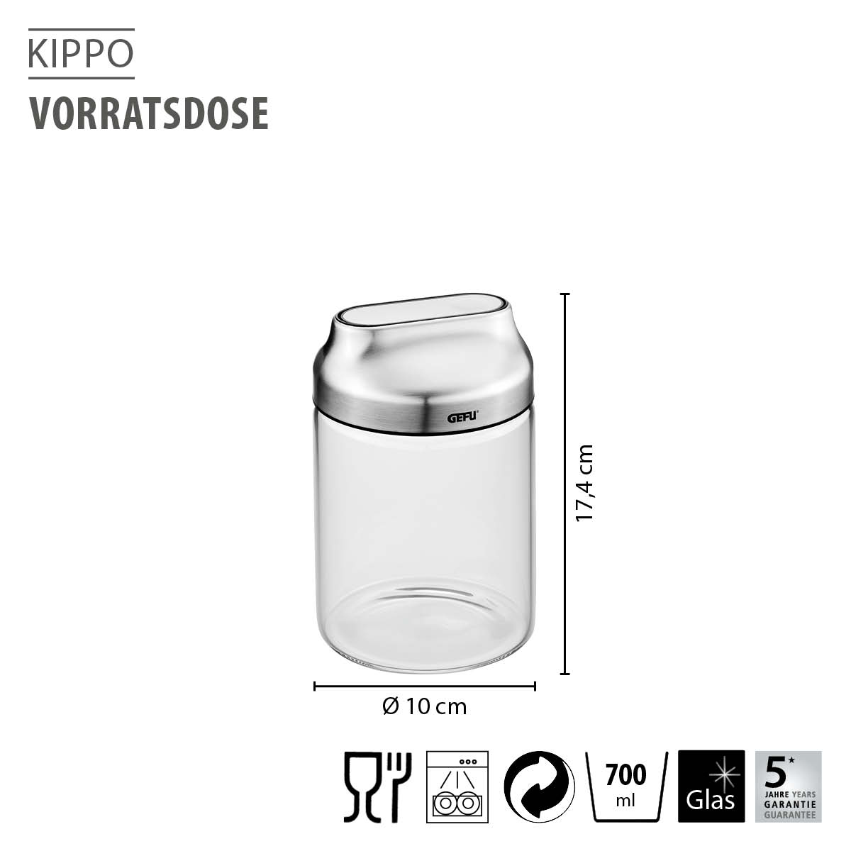 GEFU Vorratsdose Kippo 700 ml - Glasbehälter mit Edelstahldeckel, Ø 10 cm GEFU Kippo Vorratsdose aus Glas mit Edelstahldeckel, 700 ml Fassungsvermögen, Höhe 17,4 cm, geeignet für Lebensmittelaufbewahrung.