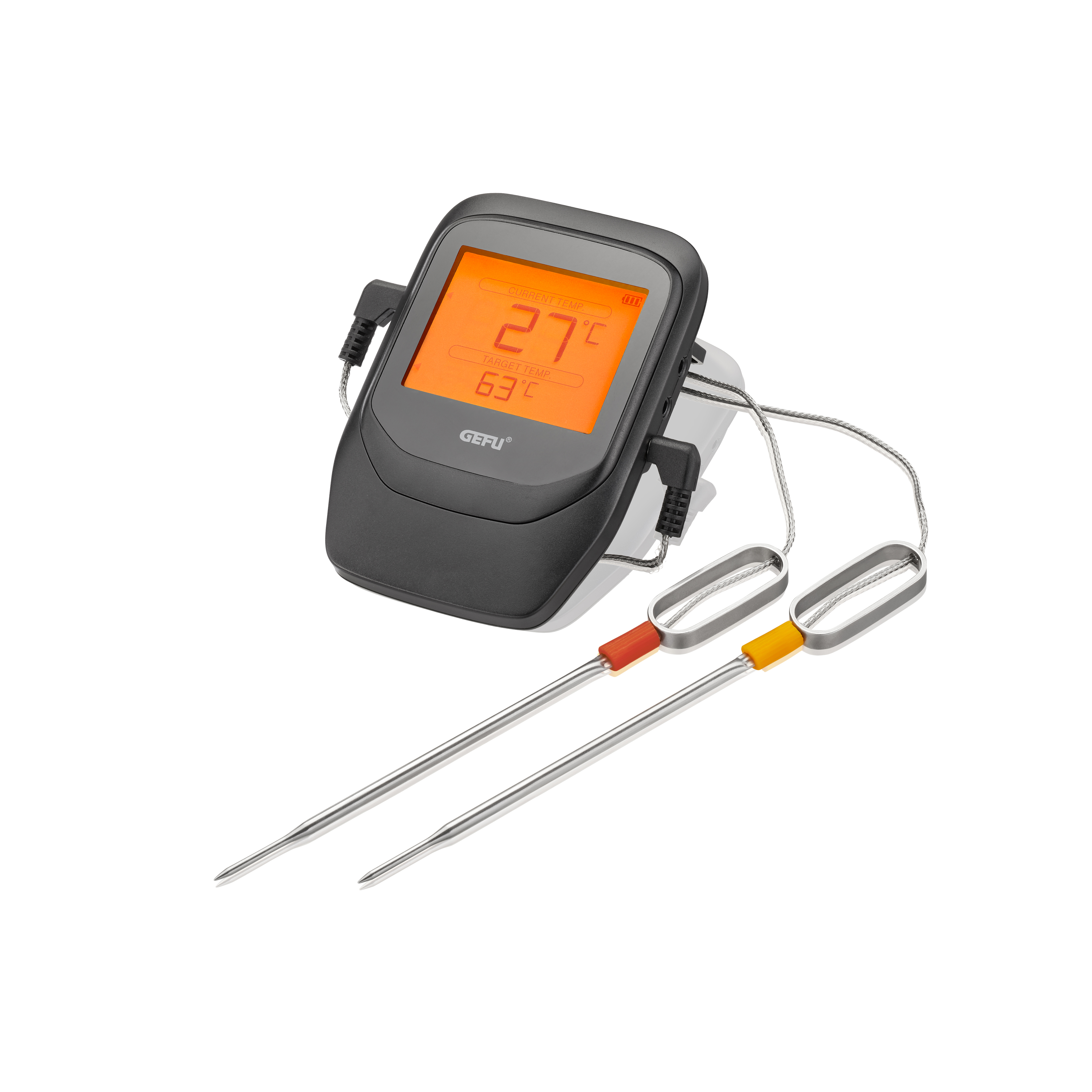 Digitales Fleischthermometer mit zwei Sonden und orangem LCD-Display, zeigt Temperatur von 27°C und Zieltemperatur von 63°C an