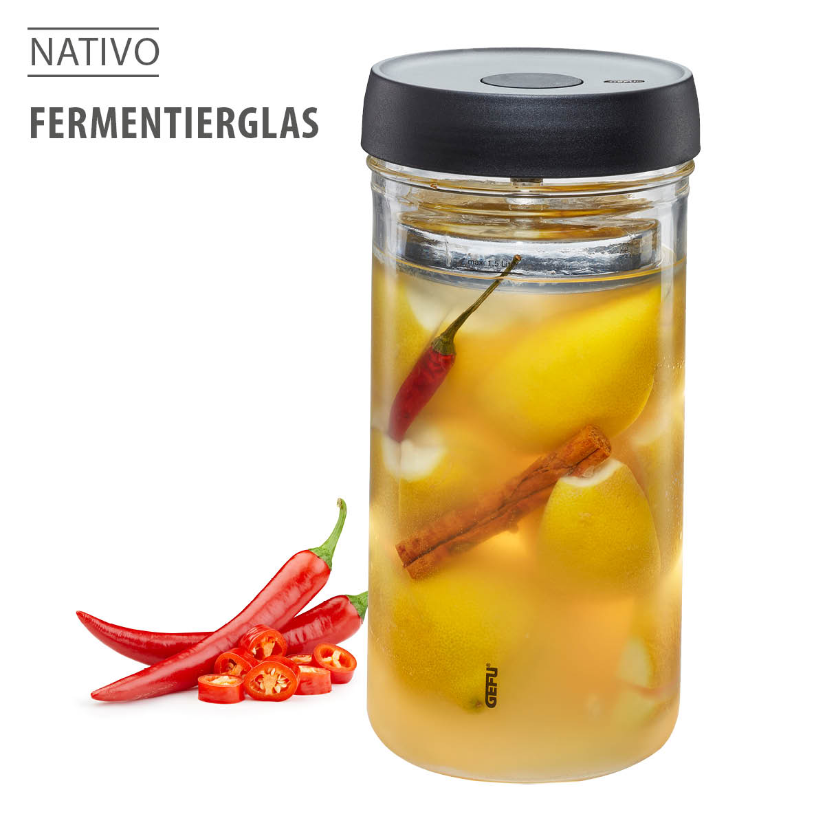 Nativo Fermentierglas mit Gärverschluss Fermentierglas von Nativo mit Zitronen und Chili zur Fermentation