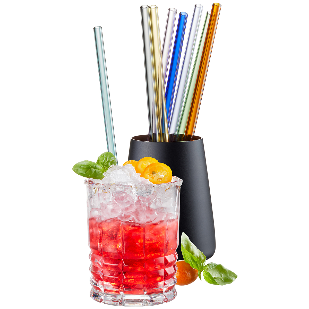 Glass Straw FUTURE, 23 cm, varicoloured set of 8 pcs, brush inclusive