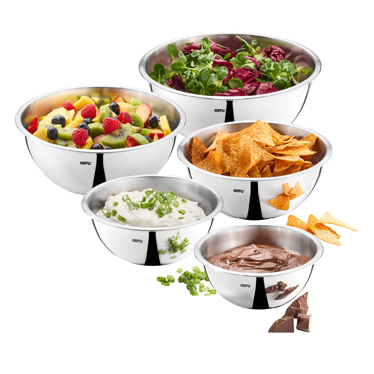 GEFU Edelstahlschüssel-Set, 5-teilig, stapelbare Küchenschüs