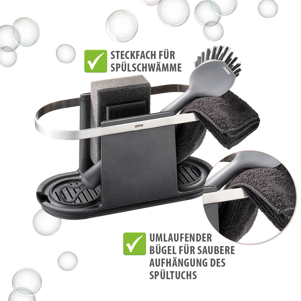 Spülorganizer mit Steckfach für Schwämme und Tuchhalter Spülorganizer, integriert Steckfach für Spülschwämme und Bügel zur Aufhängung des Spültuchs, perfekte Küchenorganisation